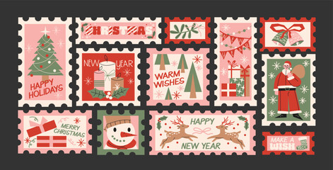 Obraz premium Christmas and New Year postage stamps in retro cartoon style. Stickers: holiday tree, gifts, snowman, deer, Santa Claus, warm wishes.Festive winter collection for postcards, mail decoration and season