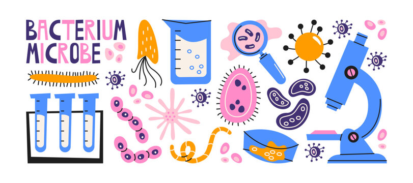 Microbiology and bacteria science icons in retro cartoon style. Lab elements: microscope, test tubes, petri dish, microbes, viruses, cells. Educational medical set for biology research, healthcare