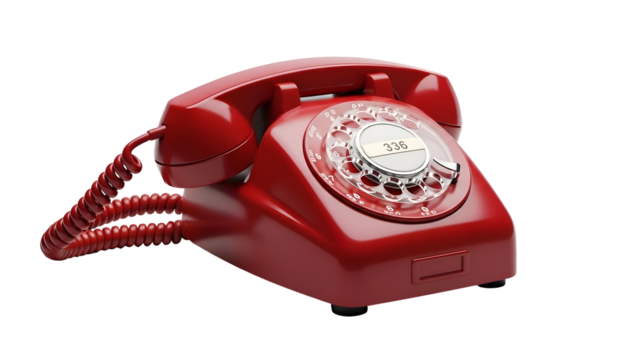 Red rotary dial phone with cord, on a dark background