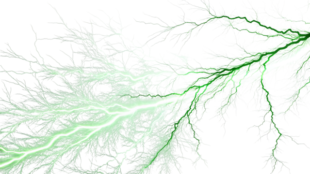Green lightning bolt isolated on transparent background, a dramatic display of electrical power and natural phenomenon in the sky