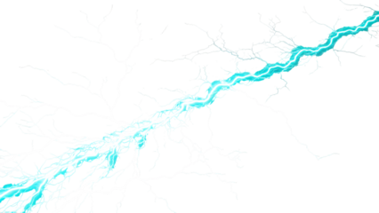 A vibrant blue lightning bolt strikes diagonally across an isolated on transparent background, showcasing natures raw electrical power