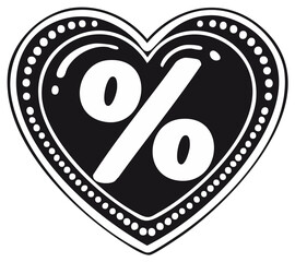 Heart-shaped percentage symbol graphic. Love concept discount or sale. Black and white design.