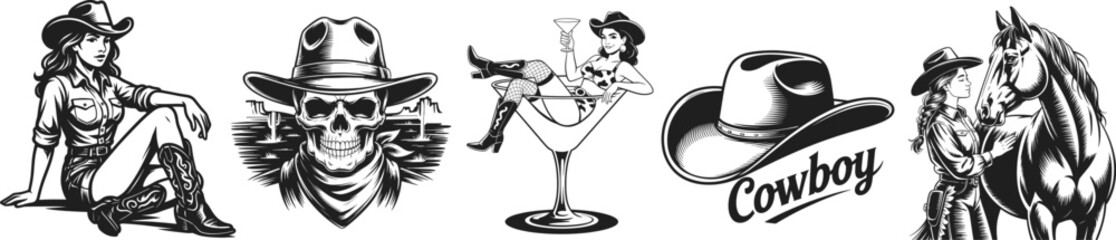 Set of cowboy and girl with different activities, vector illustration.
