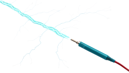 A vibrant blue lightning emanates from an audio jack on an isolated on transparent background, merging technology with natural energy
