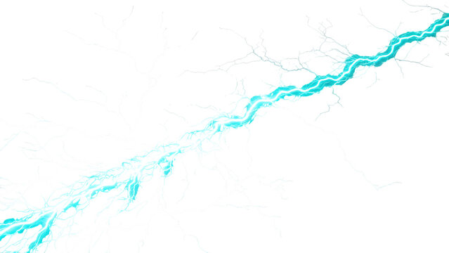 A vibrant blue lightning bolt strikes diagonally across an isolated on transparent background, showcasing natures raw electrical power
