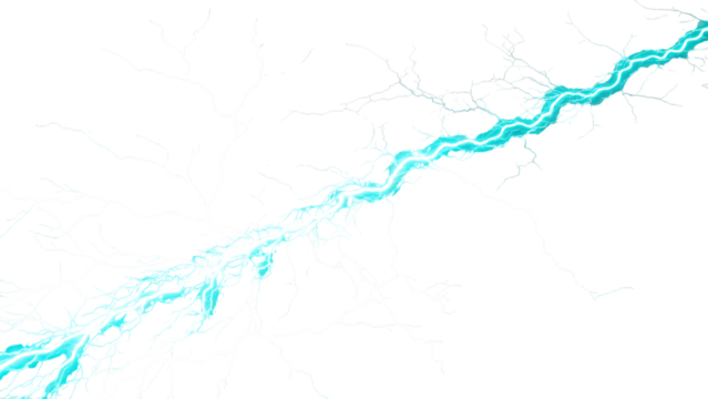A vibrant blue lightning bolt strikes diagonally across an isolated on transparent background, showcasing natures raw electrical power - Powered by Adobe