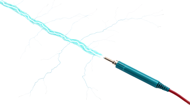 A vibrant blue lightning emanates from an audio jack on an isolated on transparent background, merging technology with natural energy