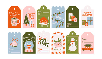 Christmas and New Year gift tags in retro cartoon style. Labels: festive greetings, presents, snowman, tree, ornaments, holly. Winter holiday collection for wrapping, decoration, greeting cards 
