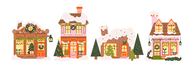 Winter holiday houses and Christmas homes in retro cartoon style. Buildings: decorated roofs, festive wreaths, glowing windows. Cozy seasonal architecture composition for Xmas cards and New Year