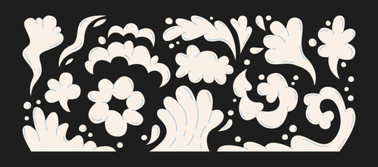 Obraz premium Smoke and cloud effects in retro cartoon style. Decorative collection of abstract puffs, swirls, vapor and mist shapes. Universal atmospheric set for design projects, stickers, posters, comics