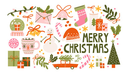Christmas stickers in retro cartoon style. Holiday new year elements: gifts, candy canes, wreaths. Snowman, reindeer, car with presents, festive sweets. Illustration in retro cartoon style © Limpreom