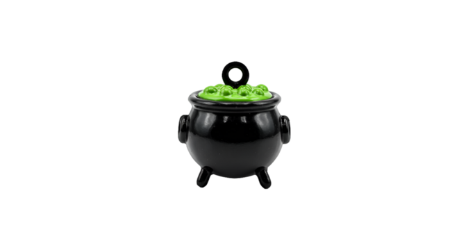 Black Witchs Cauldron with Bubbling Green Potion on Dark Background