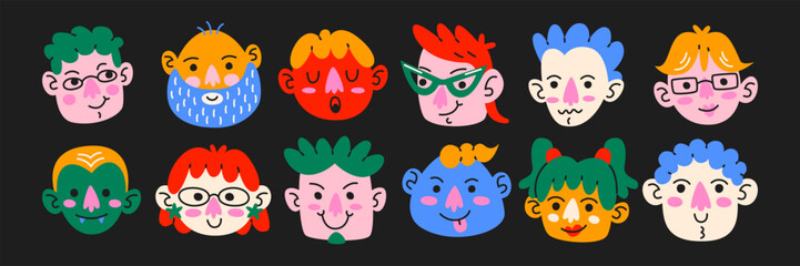 Fototapeta premium Funny cartoon faces and mascot characters in retro cartoon style. Elements: smiling head, glasses, beard, hairstyle. Collection of playful avatars for stickers, profile icons and social media