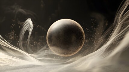 Dark Sphere Amidst Swirling Beige Particles Abstract Background