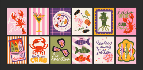 Obraz na płótnie Canvas Seafood posters set in retro cartoon style. Restaurant and cafe postcards and culinary banners with crab, oysters, sardines and fish, illustration in funky, Decor of wallpaper, walls prints