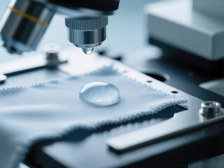 Macro of water droplet beading on waterproof fabric under a microscope.