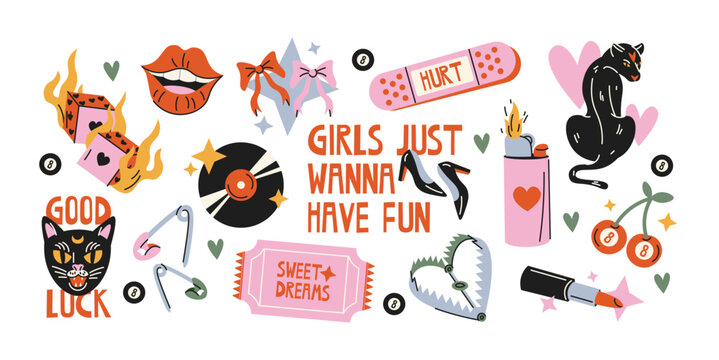 Lucky girls cartoon cute stickers. Set of girly patches of girl power badges in retro doodle groovy vintage 90s style	
