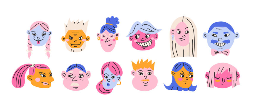 Funny cartoon faces and mascot characters in retro cartoon style. Elements: smiling head, glasses, beard, hairstyle. Collection of playful avatars for stickers, profile icons and social media