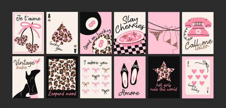 Abstract Lucky girl posters. Trendy bows, girly things, party, hearts, cherries, dice with positive quotes. Cartoon doodle groovy banners for greeting cards and posters