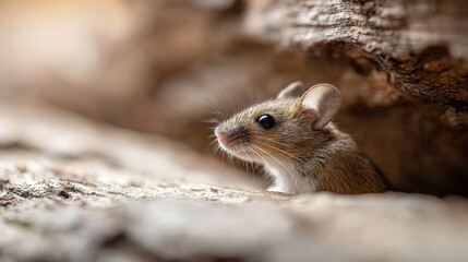 Wild mouse peeking cautiously from beneath a log in the forest, basking in the warm autumn sunlight while curiously exploring its natural habitat filled with beauty and serenity
