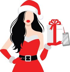 Woman in santa outfit holding gift and phone on white background editable stock