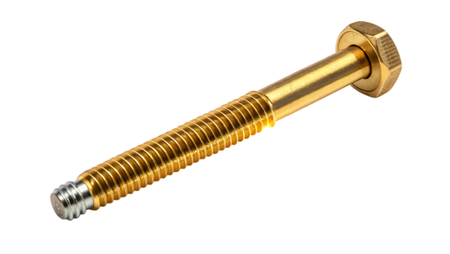 Closeup of a brass bolt with a hexagonal head isolated on transparent background, showcasing its intricate threading and metallic finish