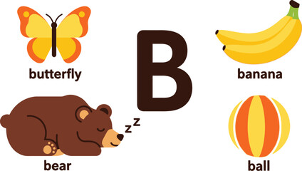 Illustration of letter b with butterfly banana bear and ball items editable stock