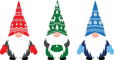 Three christmas gnomes with patterned hats on a white background editable stock