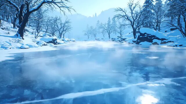 Frozen Winter Lake with Snowy Trees and Misty Atmosphere, Peaceful Snow Landscape in Cold Morning Light