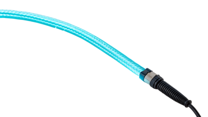 Closeup of a flexible blue fiber optic cable isolated on transparent background, showcasing its intricate weave and the connector at the end