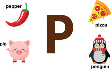 A letter p with pepper pizza pig and penguin illustrations around editable stock