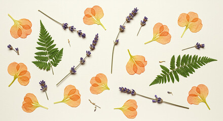 Dreamy Botanical Pattern Orange Petals Lavender Fern Leaves