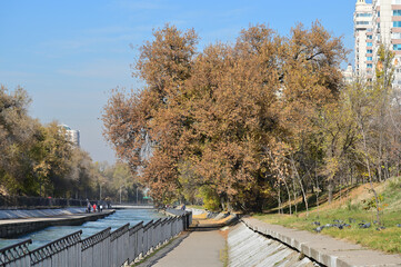 River cascades in Almaty city. Autumn views.