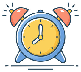 Colorful Illustration of a Ringing Retro Alarm Clock with a Yellow Face, and a Blue Rim