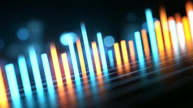 A luminous digital dashboard glows with shifting market trend lines candlestick patterns and neon colored data flows updating in real time. The atmosphere radiates focus clarity