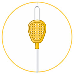 Yellow slotted object with holes and connecting line inside a circular frame abstract illustration