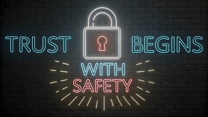 Glowing Neon Padlock on a Brick Wall with Safety Message