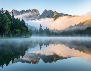 朝霧に包まれた静かな湖と山々の幻想的な風景