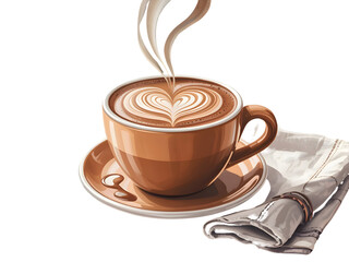 Illustrated coffee cup featuring latte art heart design and rising steam, resting on a saucer with a folded napkin.