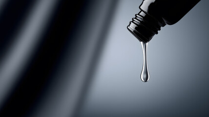 Macro close-up of liquid droplet falling from black glass bottle on dark background
