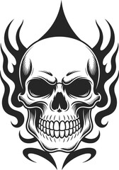 Black and White Skull with Tribal Flames and Central Spike, Intense Tattoo Style Vector Artwork for T-shirt Design, Representing Death, Danger, and Aggression.