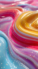 Abstract colorful waves with gold, pink, and blue tones highlighted by glitter sparkles