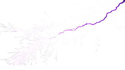 A purple lightning bolt isolated on transparent background strikes across the sky, showcasing natures raw power and electrical energy