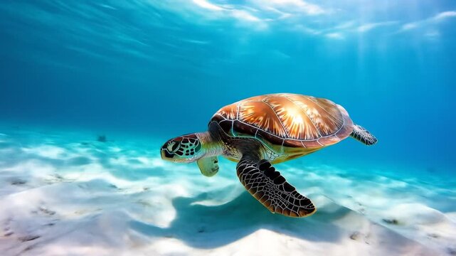A sea turtle gracefully swims through clear, sunlit, blue ocean water, near sandy seabed.