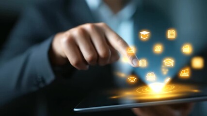 A vibrant e learning platform glows with digital books graduation caps and interactive screens a businessman pressing a central button that triggers waves of luminous education - Powered by Adobe