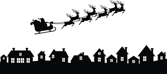Santa's sleigh flies over a quiet town at night, bringing holiday magic