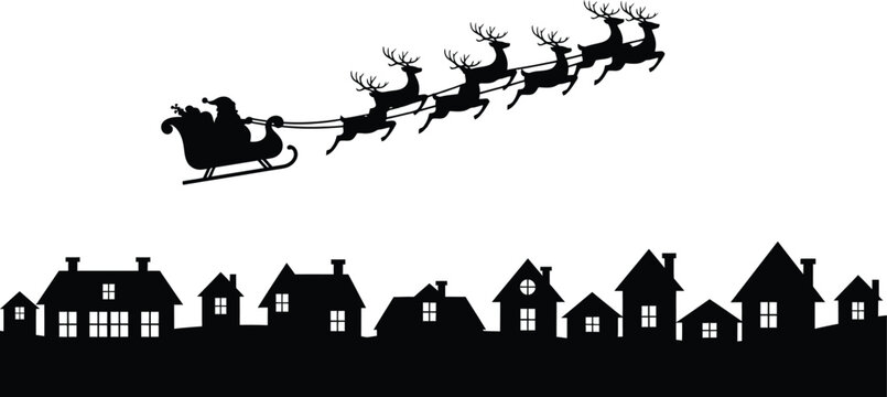 Santa's sleigh flies over a quiet town at night, bringing holiday magic