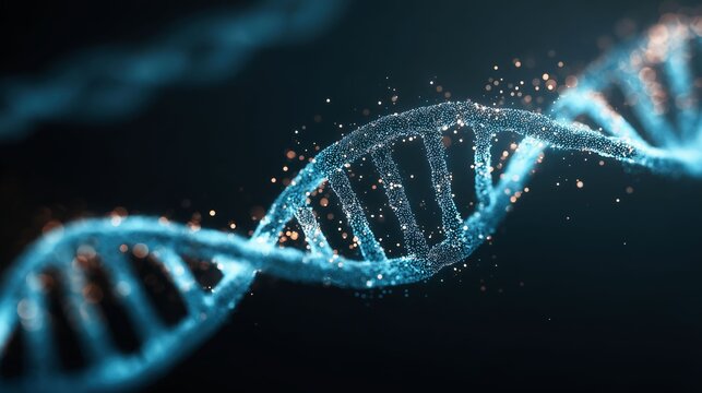 青い二重らせんが描く遺伝情報の抽象ビジュアル