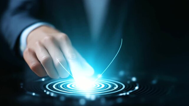 A virtual RFID panel glows under a businessman&rsquo;s hand pressing a holographic button. Waves of light radiate outward as digital tracking icons align seamlessly. The atmosphere