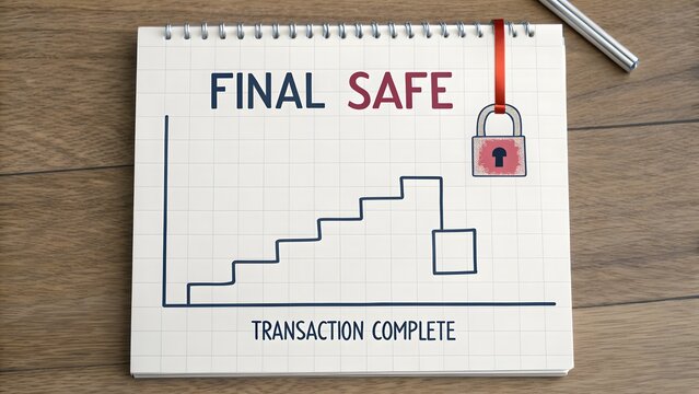 Financial progress steps ending with a safe and locked padlock
